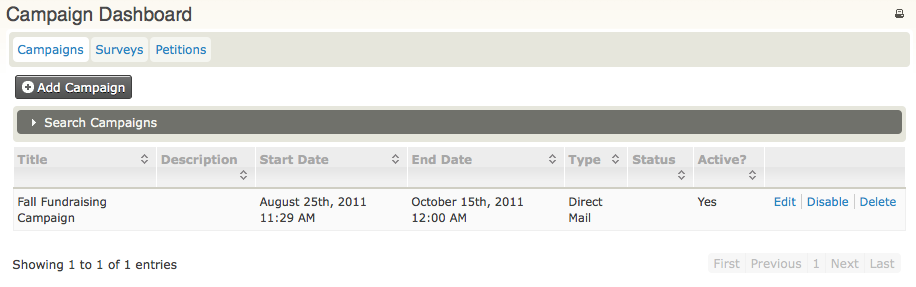 Campaign dashboard showing a list of existing campaigns with the columns: title, description, start date, end date, type, status, active?